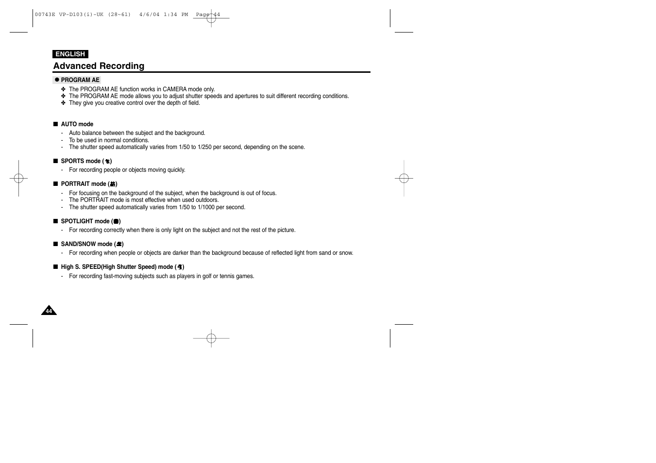 Advanced recording | Samsung D103 User Manual | Page 44 / 114