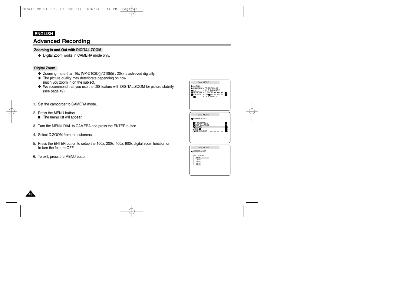 Advanced recording | Samsung D103 User Manual | Page 48 / 114