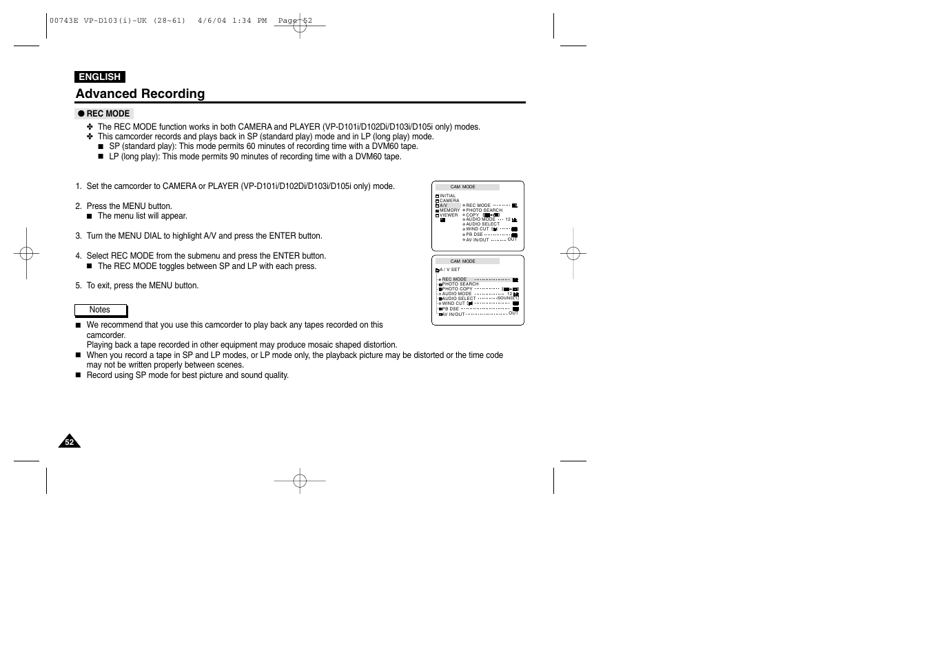 Advanced recording | Samsung D103 User Manual | Page 52 / 114