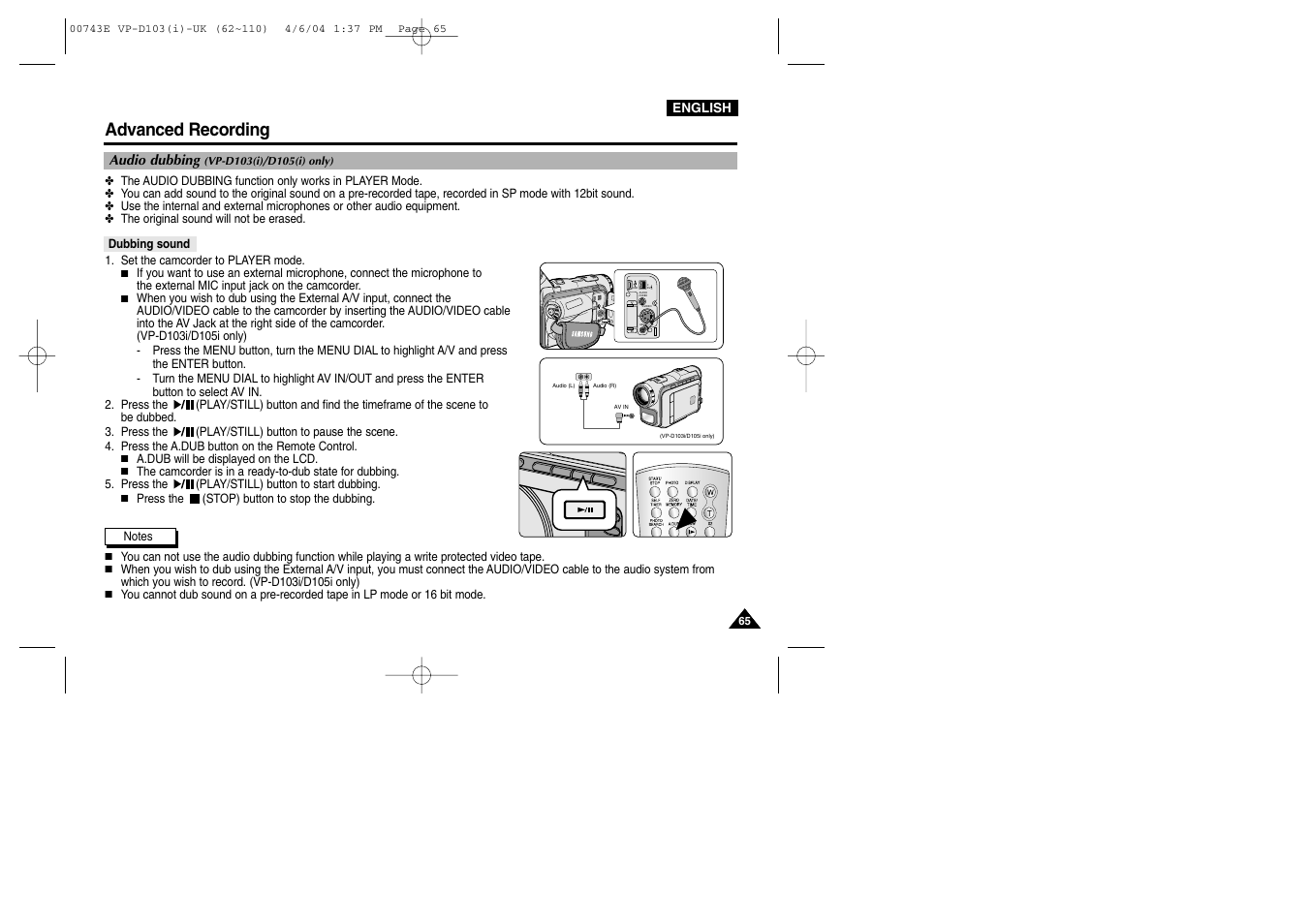 Dv usb audio /video s-video mic, Advanced recording | Samsung D103 User Manual | Page 65 / 114