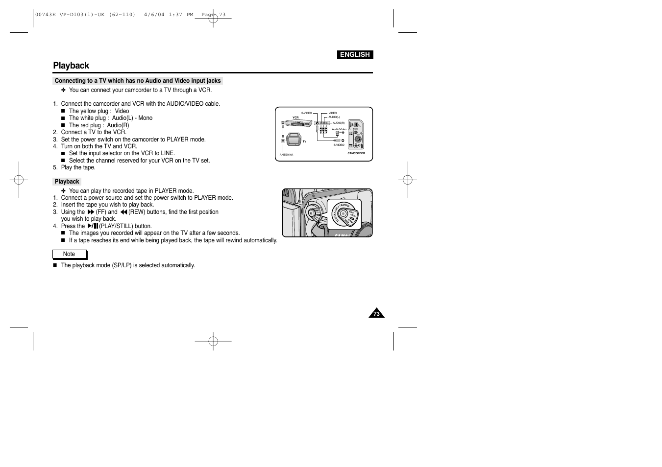 Dv usb audio /video s-video mic, Playback | Samsung D103 User Manual | Page 73 / 114