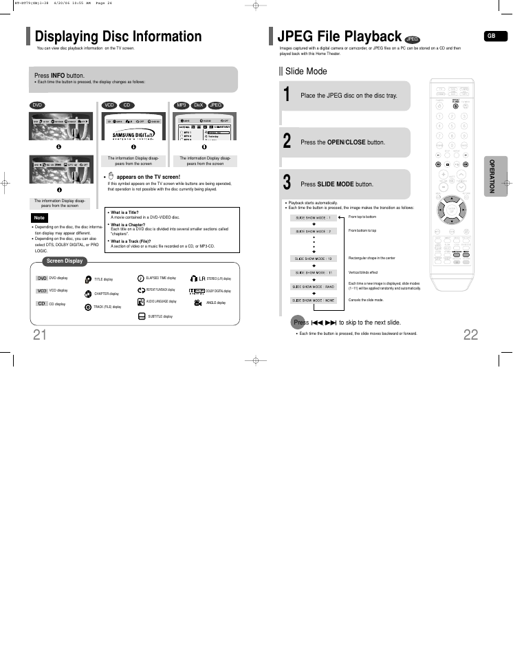 Displaying disc information, Jpeg file playback, Slide mode | Samsung HT-DT79 User Manual | Page 12 / 35