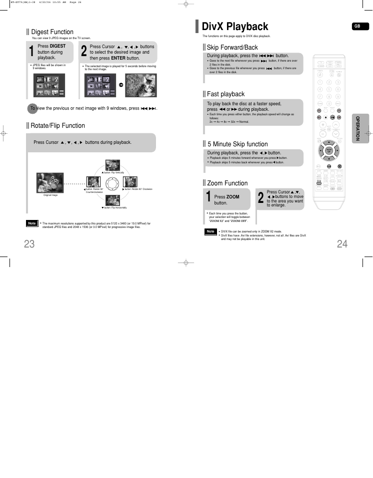 Divx playback, Fast playback skip forward/back, Zoom function | 5 minute skip function, Rotate/flip function, Digest function | Samsung HT-DT79 User Manual | Page 13 / 35