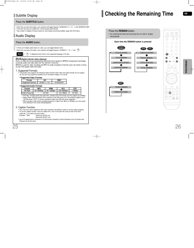 Checking the remaining time, 25 checking the remaining time, Subtitle display | Audio display | Samsung HT-DT79 User Manual | Page 14 / 35