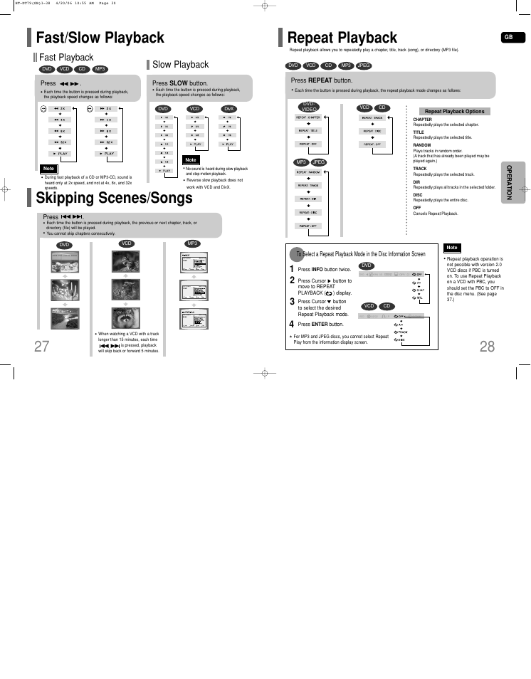 Fast/slow playback, Skipping scenes/songs, Repeat playback | Fast/slow playback skipping scenes/songs, Fast playback, Slow playback | Samsung HT-DT79 User Manual | Page 15 / 35