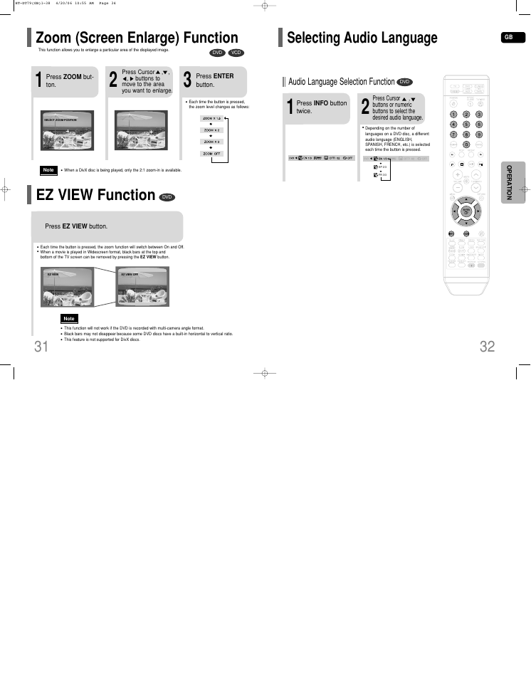 Zoom (screen enlarge) function, Ez view function, Selecting audio language | Zoom (screen enlarge) function ez view function, Audio language selection function | Samsung HT-DT79 User Manual | Page 17 / 35