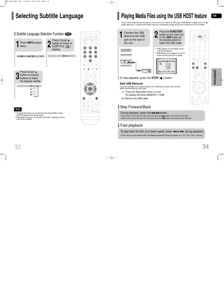 Selecting subtitle language, Playing media files using the usb host feature, Fast playback skip forward/back | Subtitle language selection function | Samsung HT-DT79 User Manual | Page 18 / 35