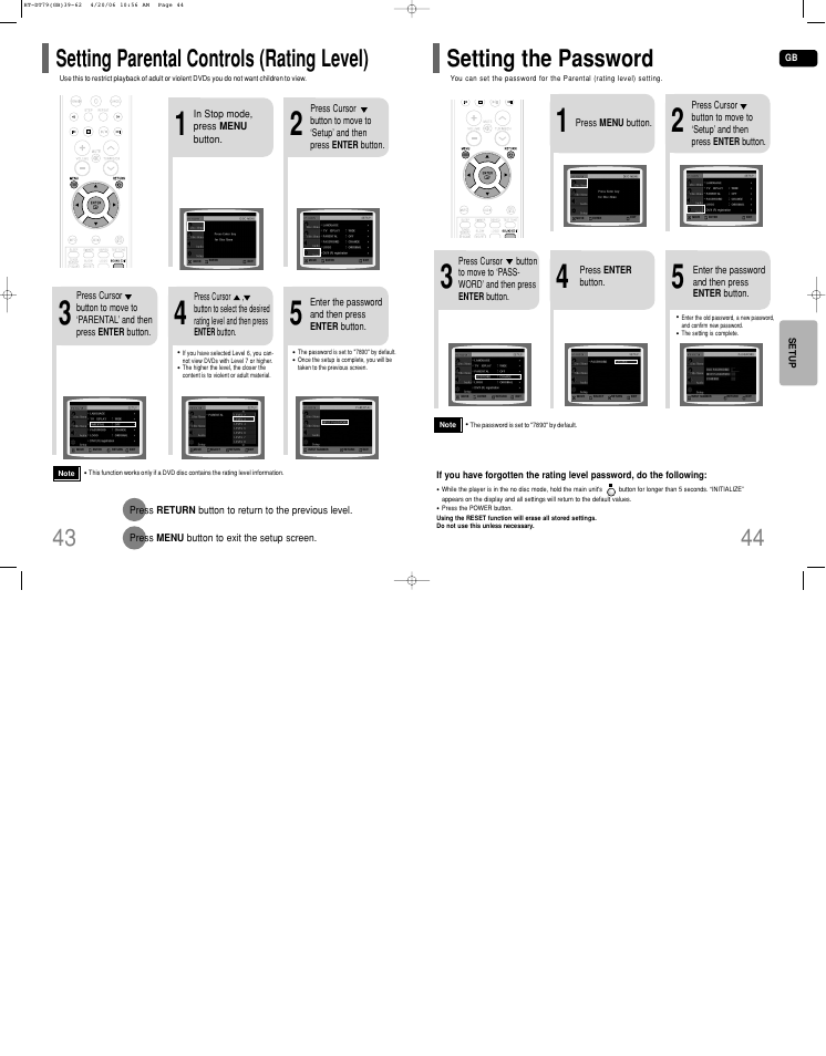 Setting parental controls (rating level), Setting the password, Setting the password 44 | Samsung HT-DT79 User Manual | Page 23 / 35