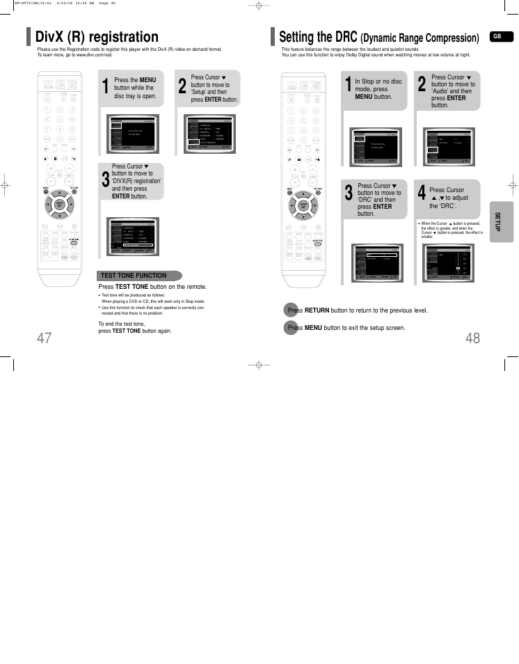 Divx (r) registration, Setting the drc (dynamic range compression), Setting the drc | Dynamic range compression) | Samsung HT-DT79 User Manual | Page 25 / 35