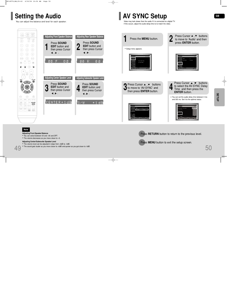 Setting the audio, Av sync setup, Av sync setup 49 | Samsung HT-DT79 User Manual | Page 26 / 35