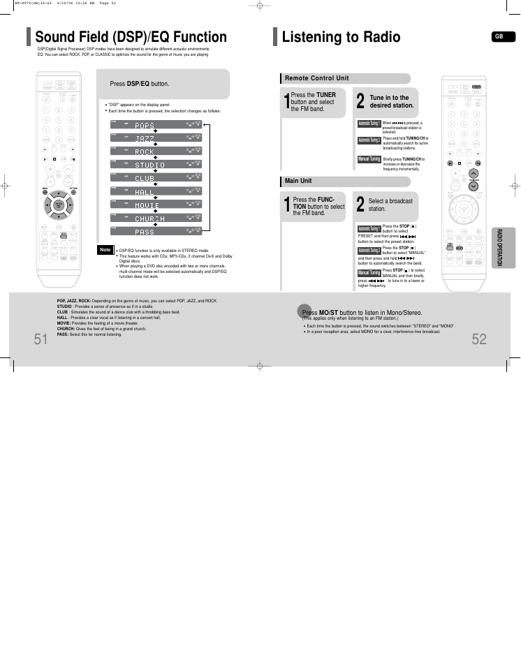 Sound field (dsp)/eq function, Listening to radio | Samsung HT-DT79 User Manual | Page 27 / 35