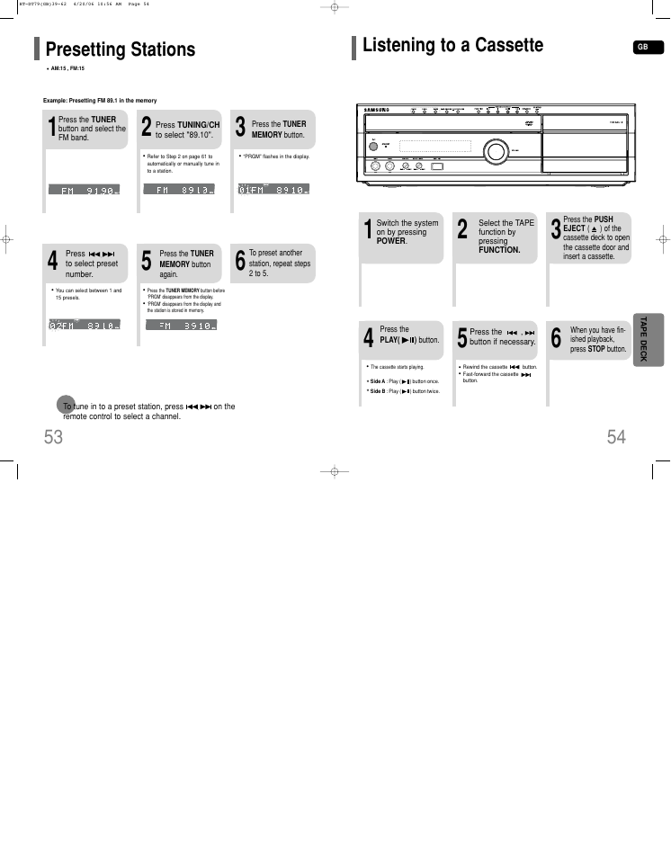 Presetting stations, Listening to a cassette, Presetting stations listening to a cassette | Samsung HT-DT79 User Manual | Page 28 / 35