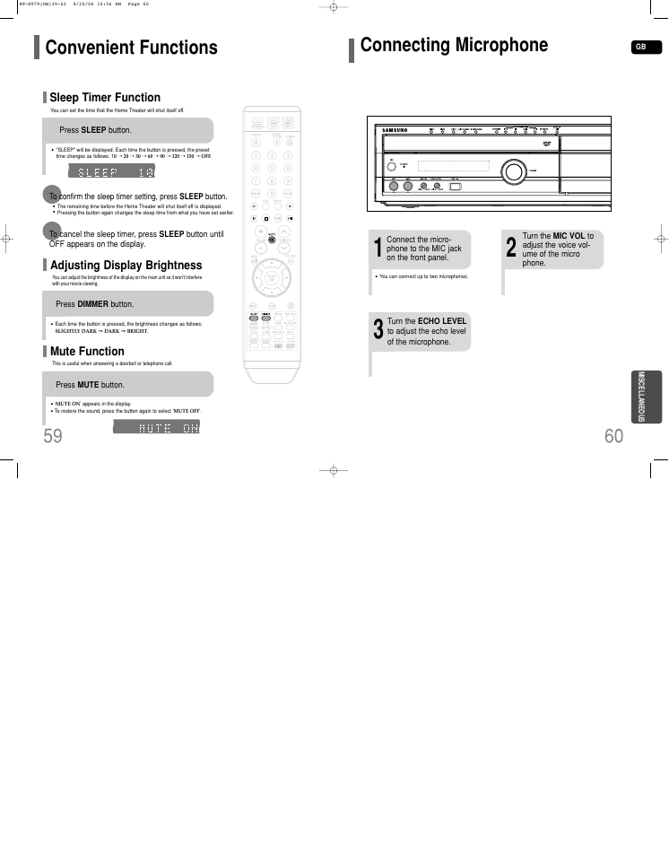 Convenient functions, Connecting microphone, Connecting microphone 60 | Sleep timer function, Adjusting display brightness, Mute function | Samsung HT-DT79 User Manual | Page 31 / 35