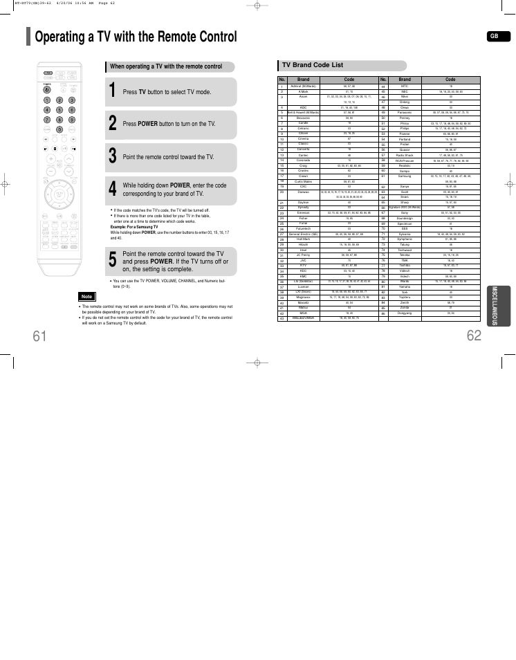 Operating a tv with the remote control, Tv brand code list, When operating a tv with the remote control | Press tv button to select tv mode, Press power button to turn on the tv, Point the remote control toward the tv, Gb miscellaneous | Samsung HT-DT79 User Manual | Page 32 / 35