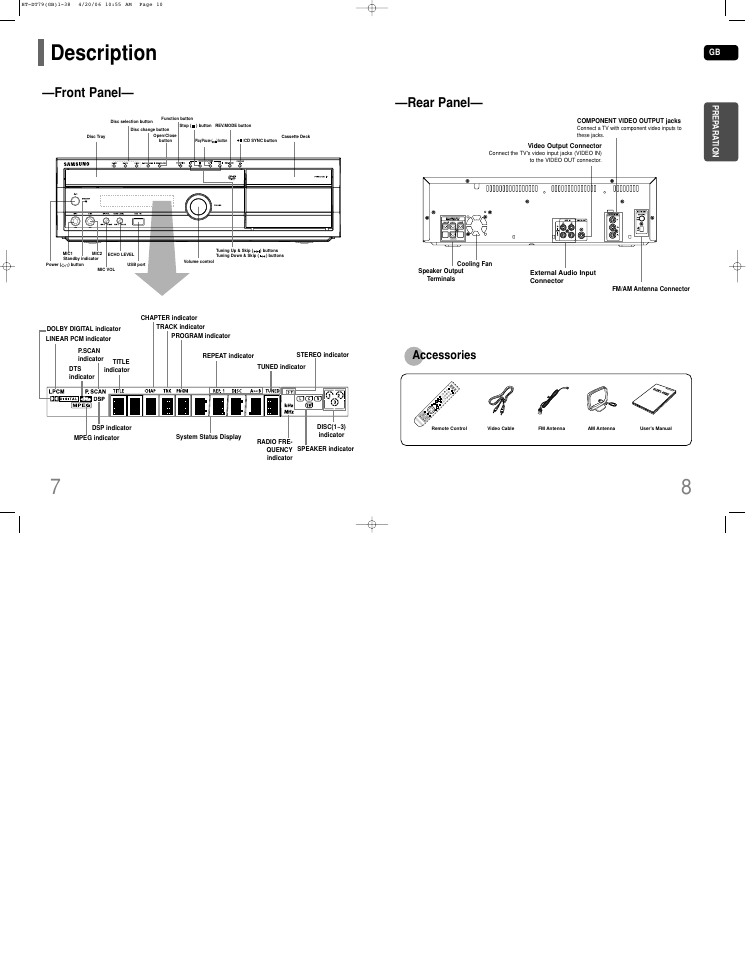 Description, Rear panel, Front panel | Accessories | Samsung HT-DT79 User Manual | Page 5 / 35