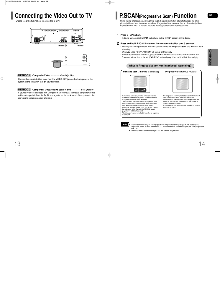 Connecting the video out to tv, P.scan(progressive scan) function, P.scan | Function, Progressive scan) | Samsung HT-DT79 User Manual | Page 8 / 35