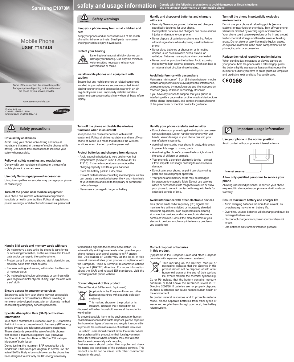 Samsung E1070M User Manual | 2 pages
