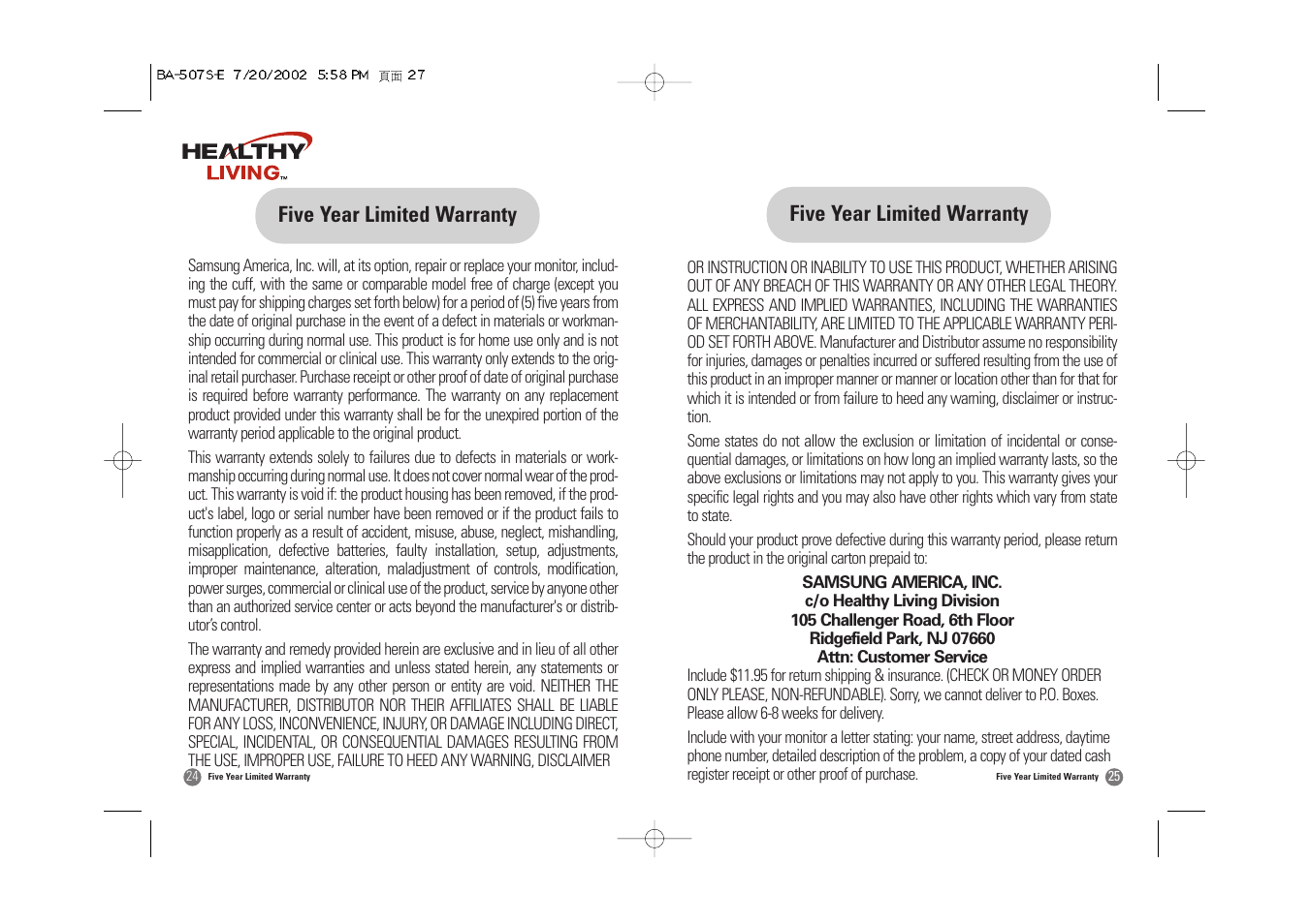 Five year limited warranty | Samsung BA-507S User Manual | Page 14 / 32