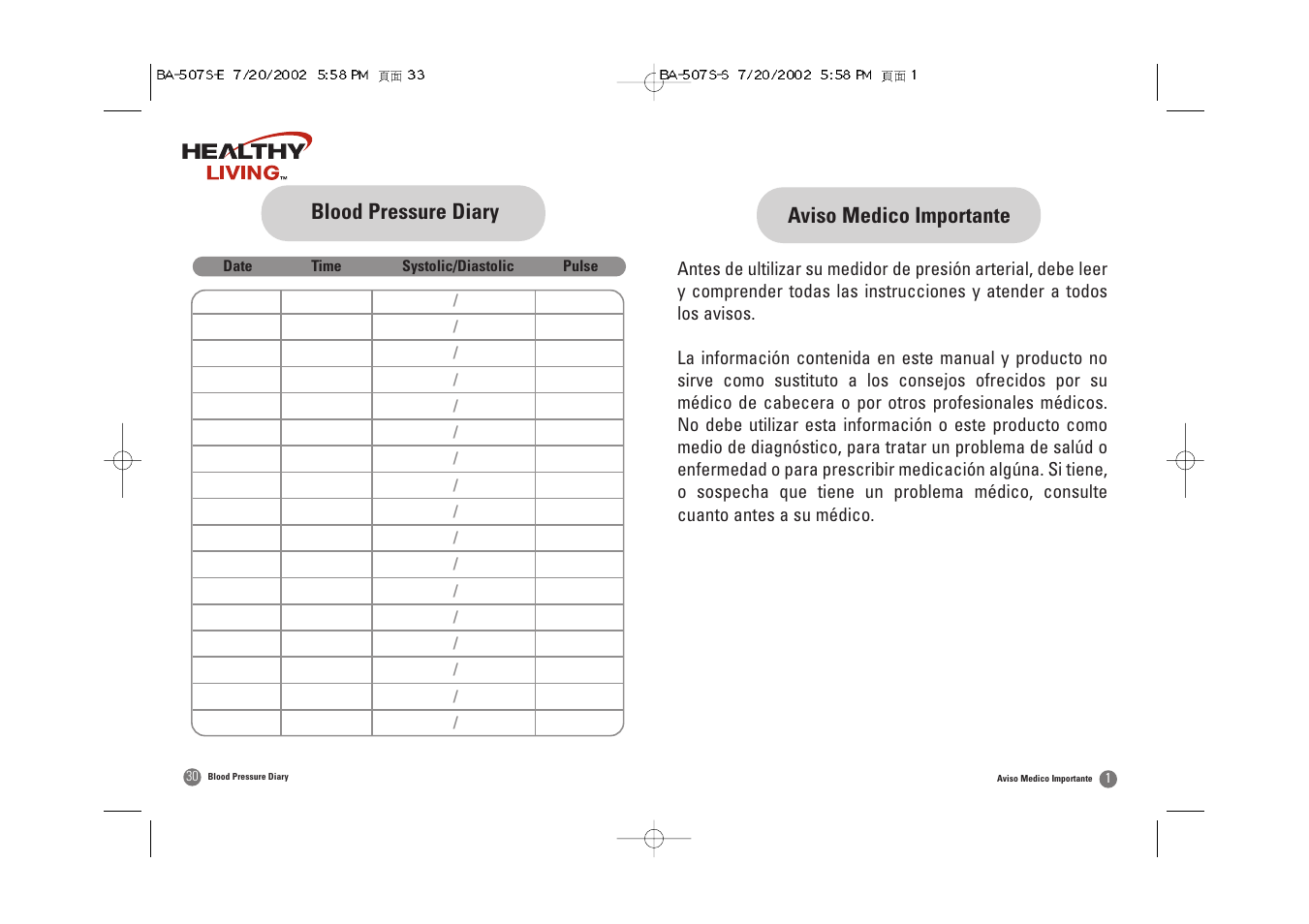 Blood pressure diary, Aviso medico importante | Samsung BA-507S User Manual | Page 17 / 32