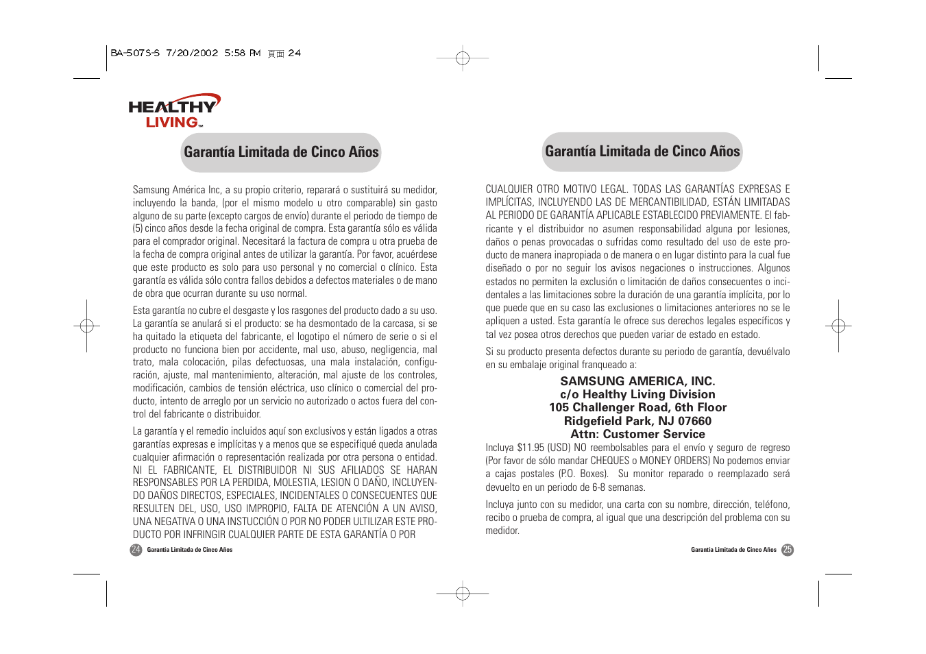 Garantía limitada de cinco años | Samsung BA-507S User Manual | Page 29 / 32