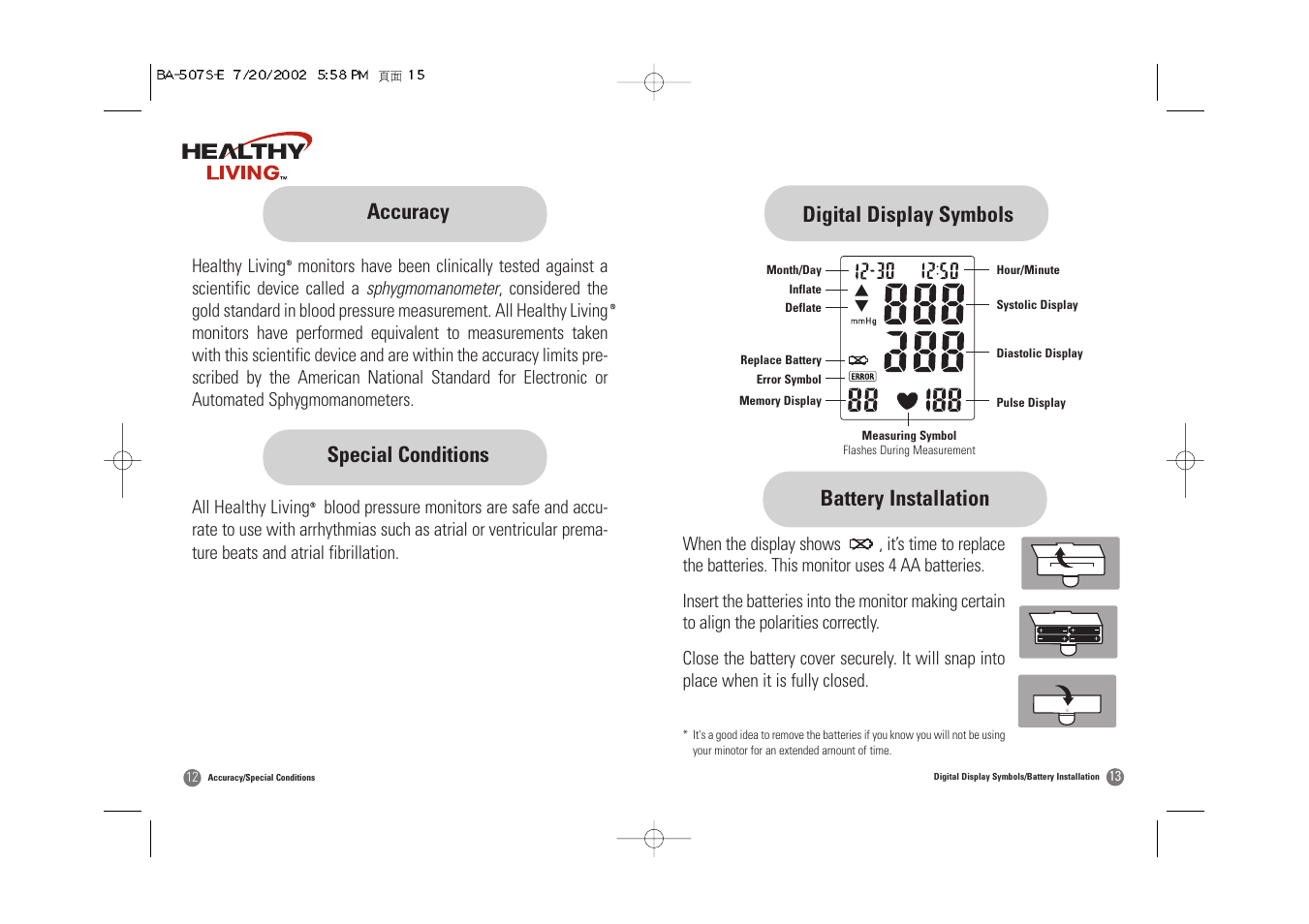 Digital display symbols battery installation, Accuracy special conditions | Samsung BA-507S User Manual | Page 8 / 32