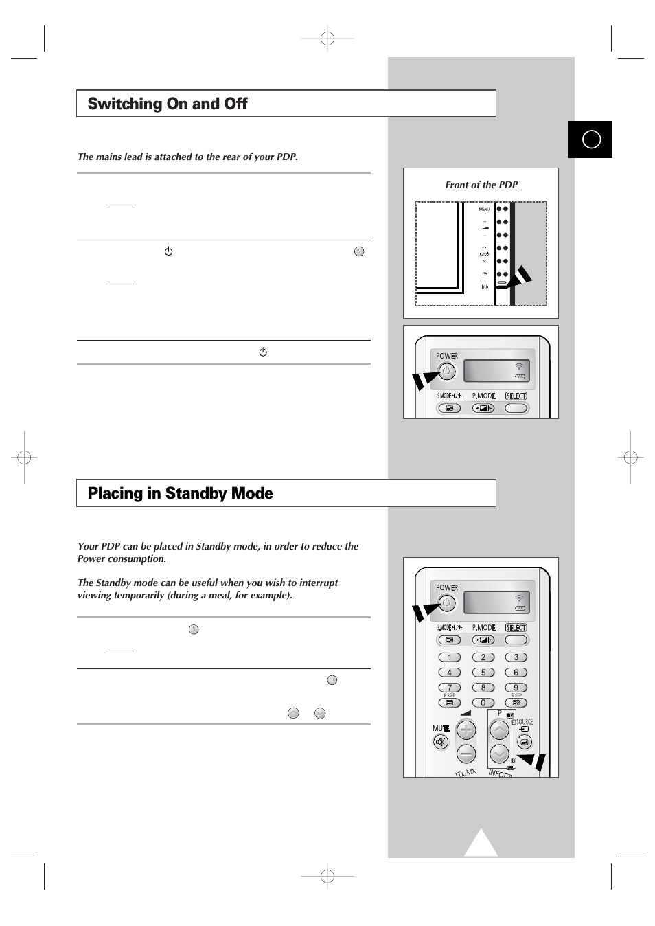 Switching on and off, Placing in standby mode, Switching on and off placing in standby mode | Samsung 4240 User Manual | Page 13 / 68