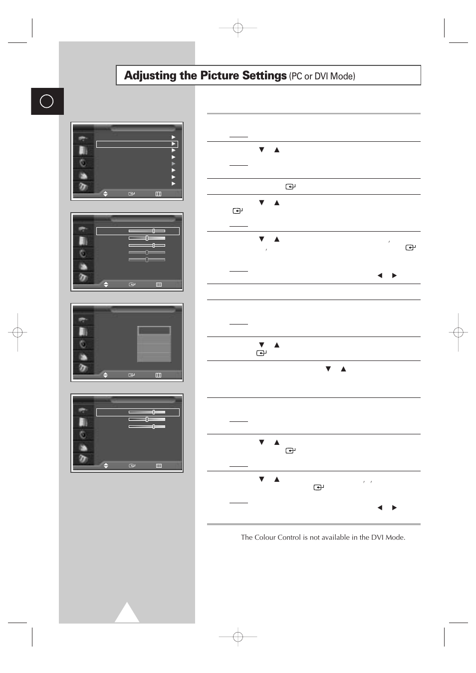 Adjusting the picture settings (pc or dvi mode), Adjusting the picture settings, Pc or dvi mode) | Samsung 4240 User Manual | Page 28 / 68