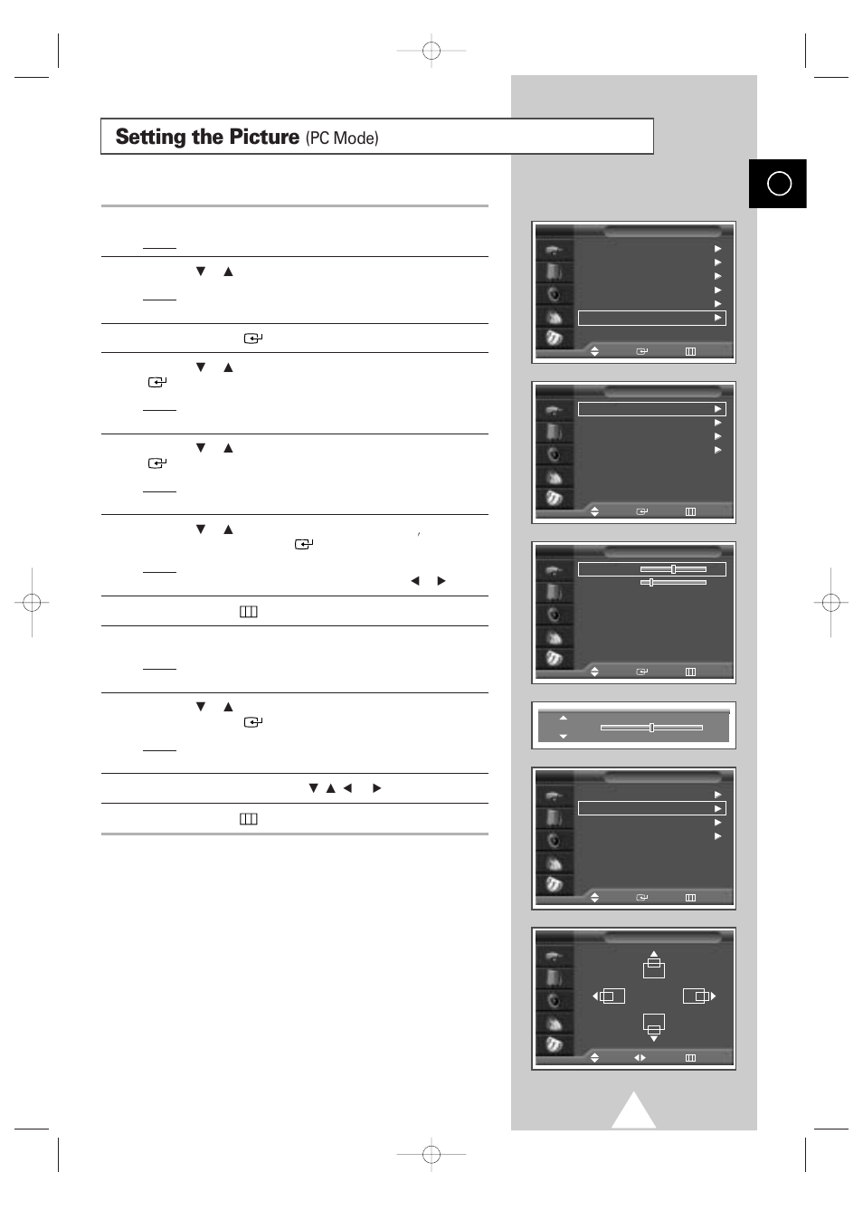 Setting the picture (pc mode), Setting the picture, Pc mode) | Samsung 4240 User Manual | Page 29 / 68