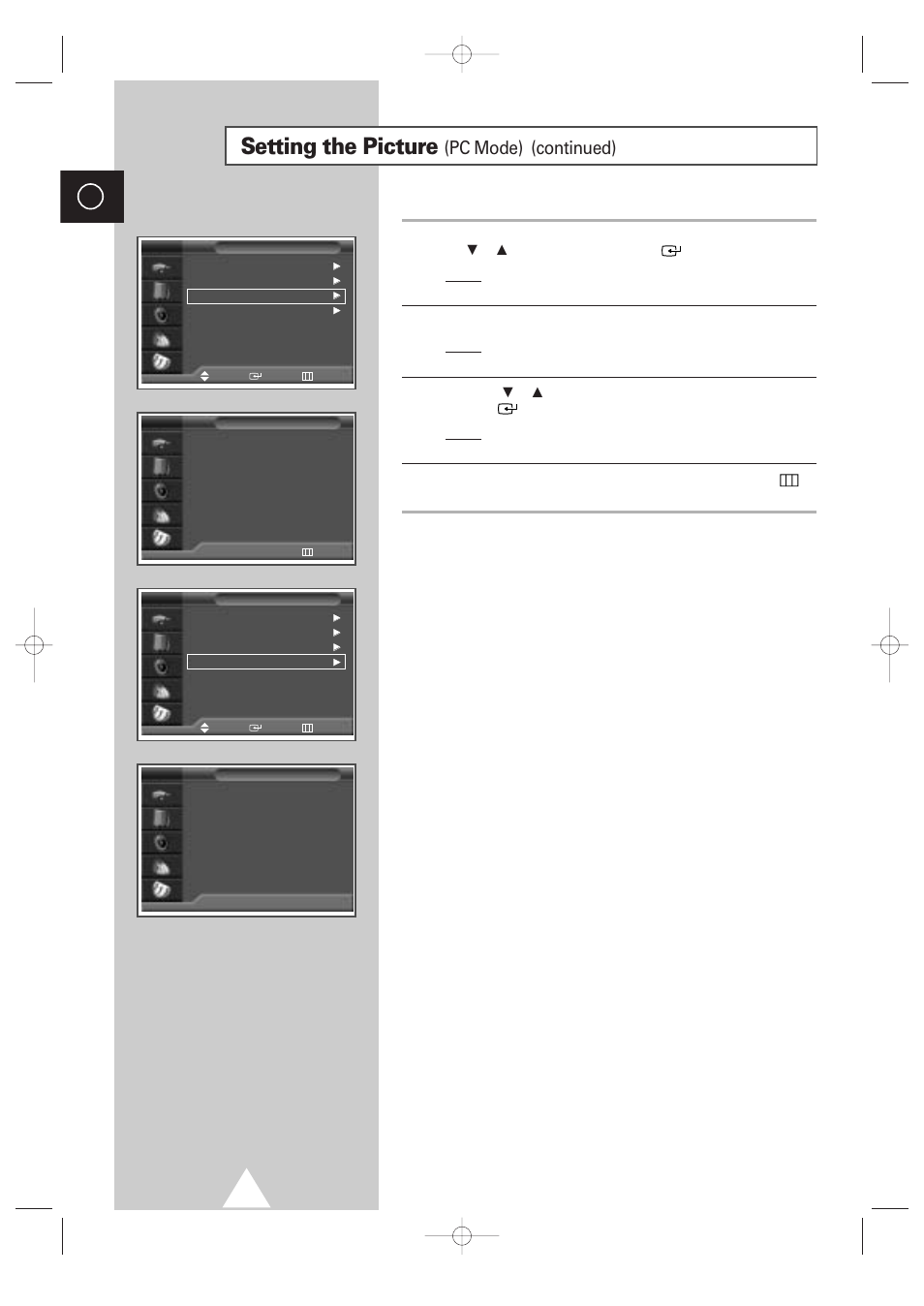 Setting the picture, Pc mode) (continued) | Samsung 4240 User Manual | Page 30 / 68