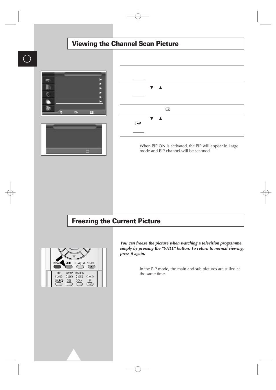 Viewing the channel scan picture, Freezing the current picture | Samsung 4240 User Manual | Page 32 / 68