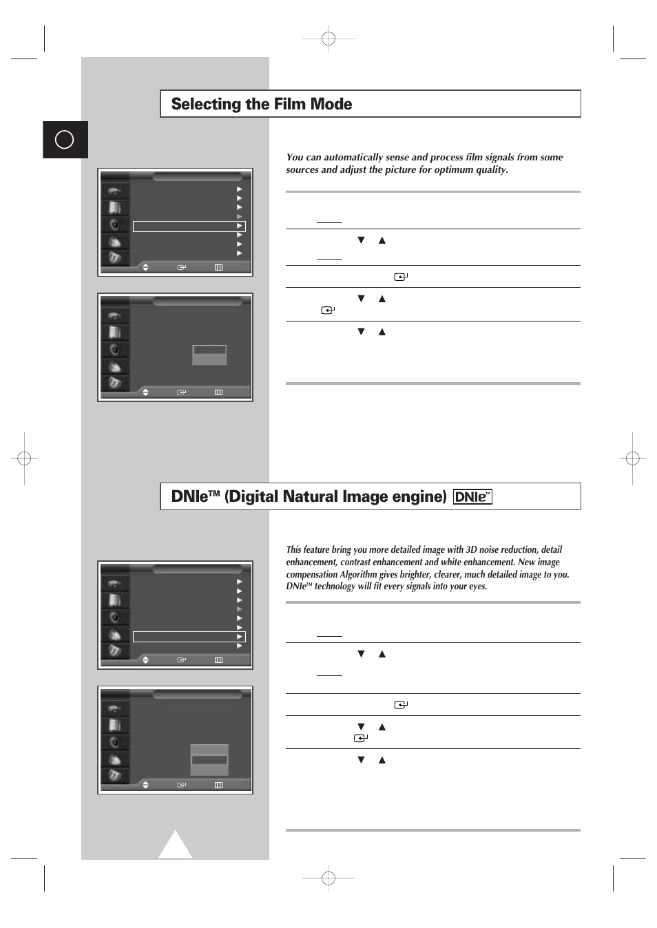 Selecting the film mode, Dnietm (digital natural image engine ), Dnie | Digital natural image engine) | Samsung 4240 User Manual | Page 34 / 68