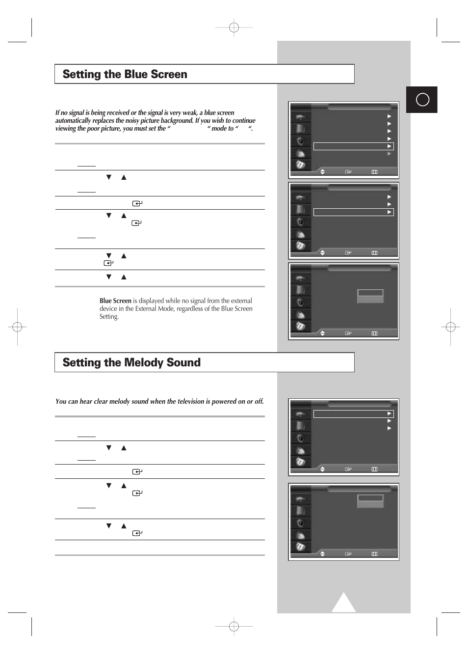 Setting the blue screen, Setting the melody sound | Samsung 4240 User Manual | Page 35 / 68