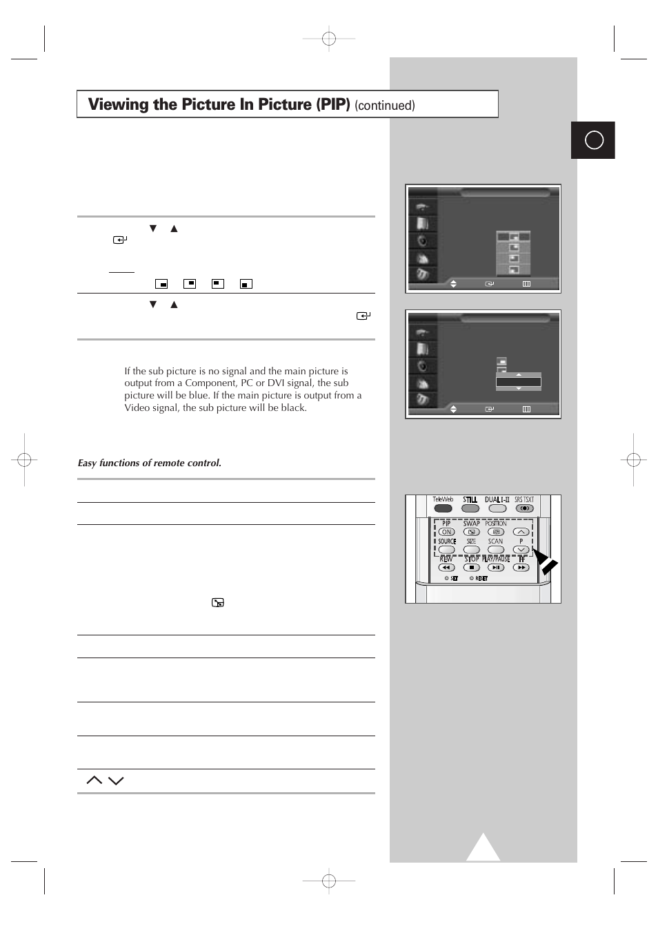 Viewing the picture in picture (pip), Continued) | Samsung 4240 User Manual | Page 37 / 68