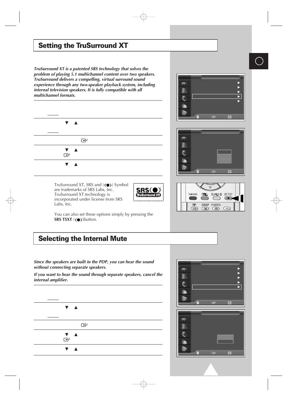 Setting the trusurround xt, Selecting the internal mute | Samsung 4240 User Manual | Page 41 / 68
