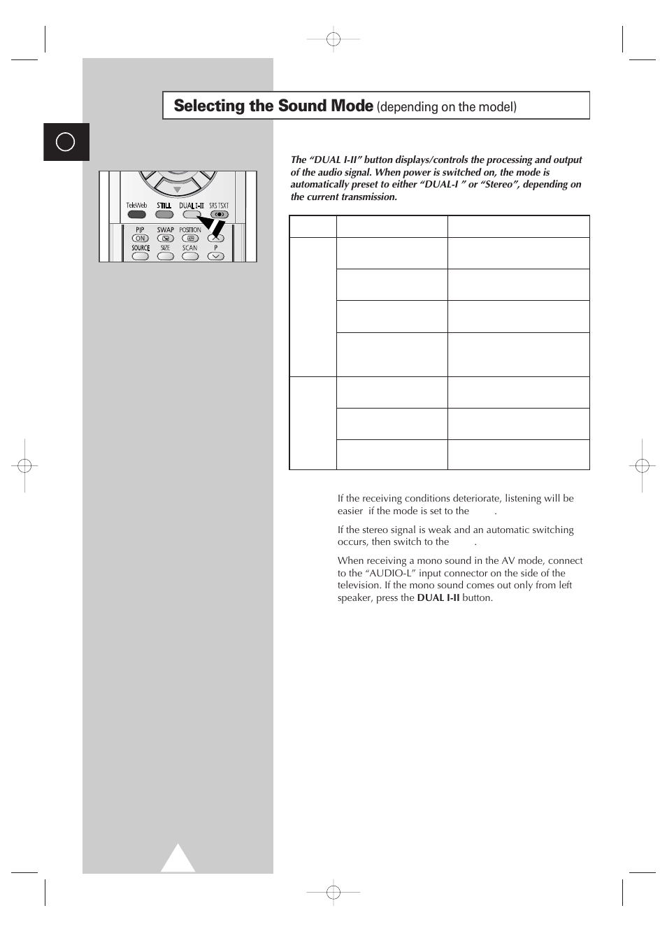 Selecting the sound mode (depending on the model), Selecting the sound mode, Depending on the model) | Samsung 4240 User Manual | Page 42 / 68