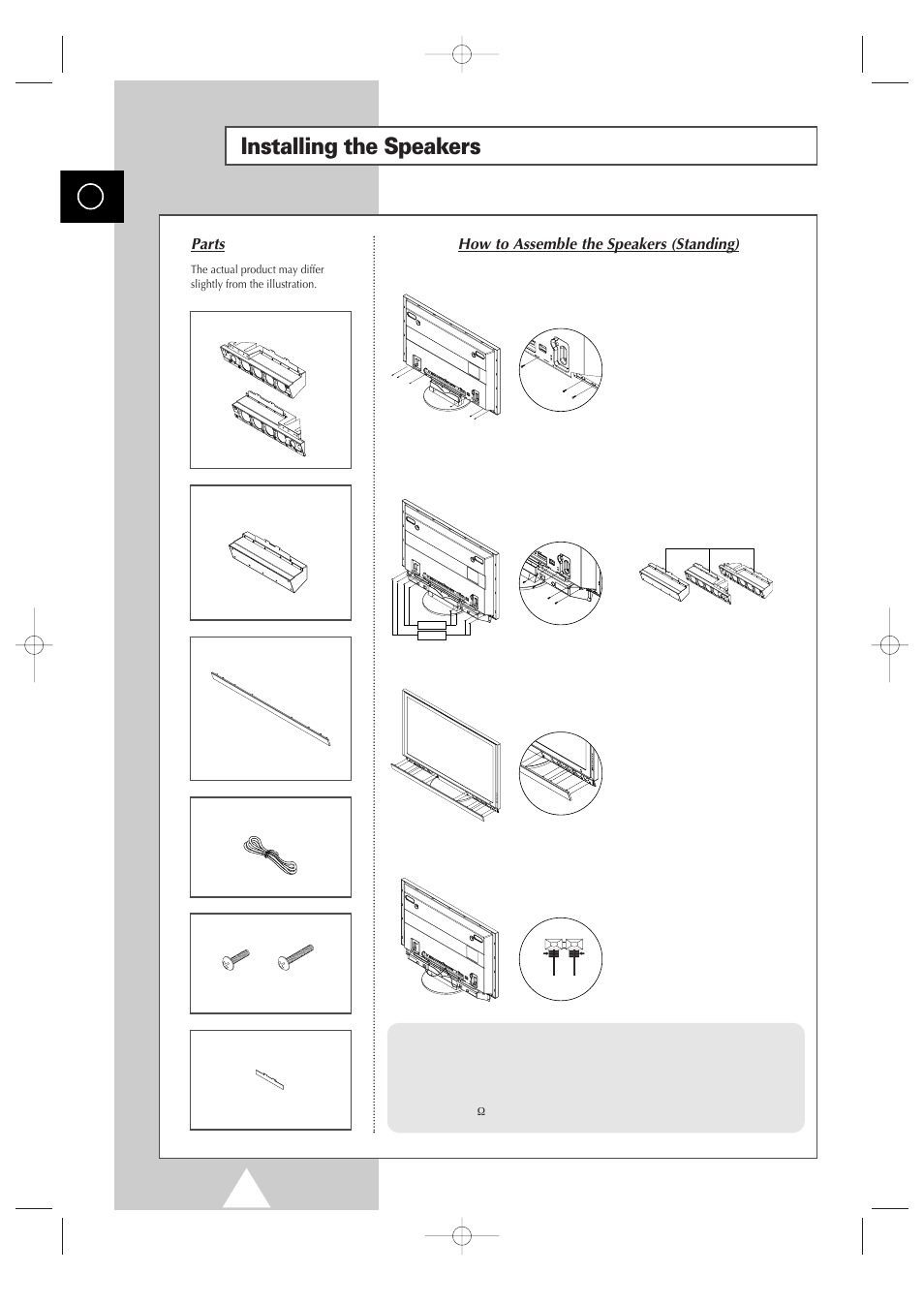 Installing the speakers, Parts, How to assemble the speakers (standing) | Samsung 4240 User Manual | Page 60 / 68