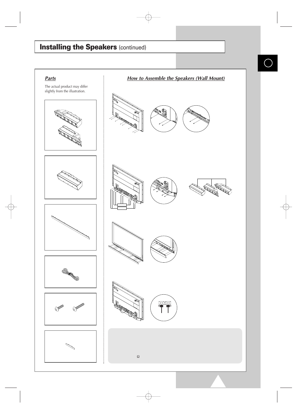 Installing the speakers, Continued), Parts | How to assemble the speakers (wall mount) | Samsung 4240 User Manual | Page 61 / 68
