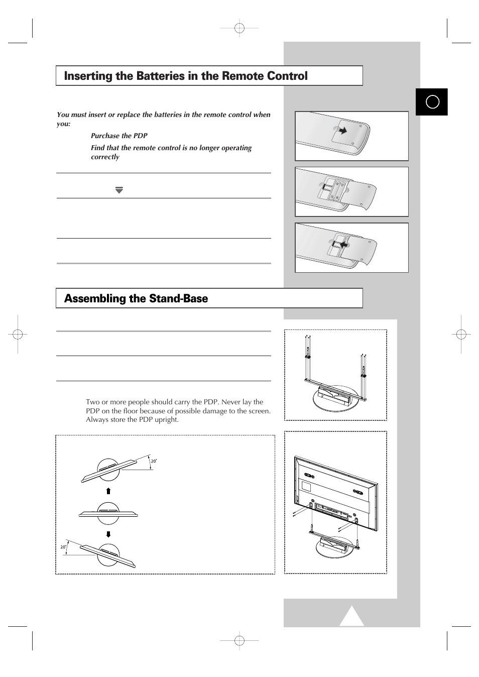 Inserting the batteries in the remote control, Assembling the stand-base | Samsung 4240 User Manual | Page 9 / 68
