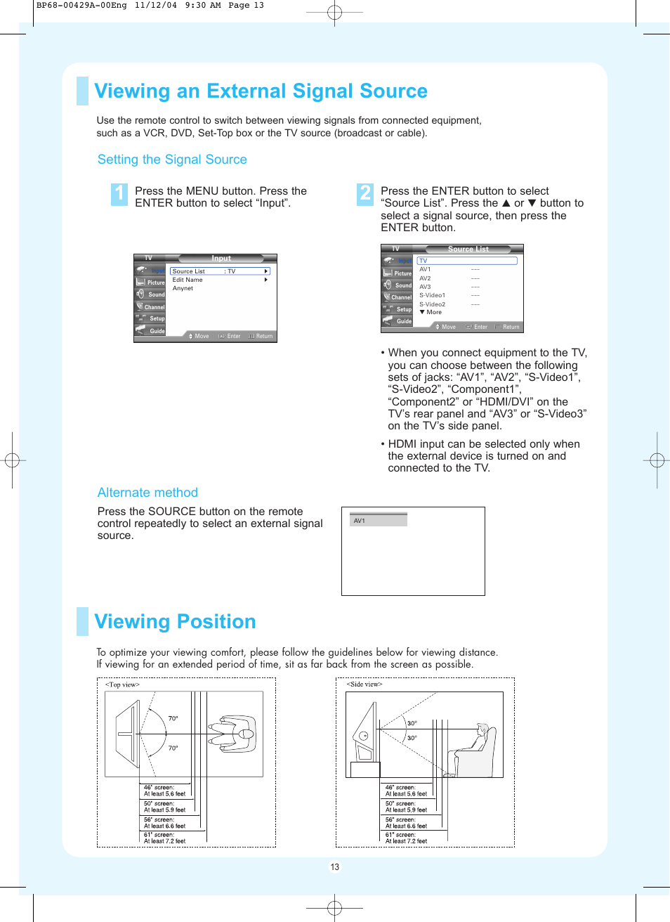 Viewing an external signal source, Viewing position, Setting the signal source | Alternate method | Samsung HL-P5067W User Manual | Page 13 / 16