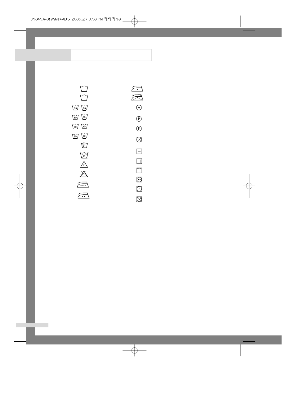 Appendix, Fabric care chart electrical warnings | Samsung J1455 User Manual | Page 20 / 22