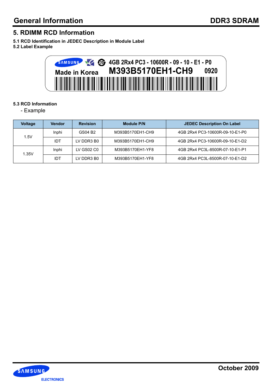 Example, General information ddr3 sdram, October 2009 | Samsung DDR3 User Manual | Page 11 / 21