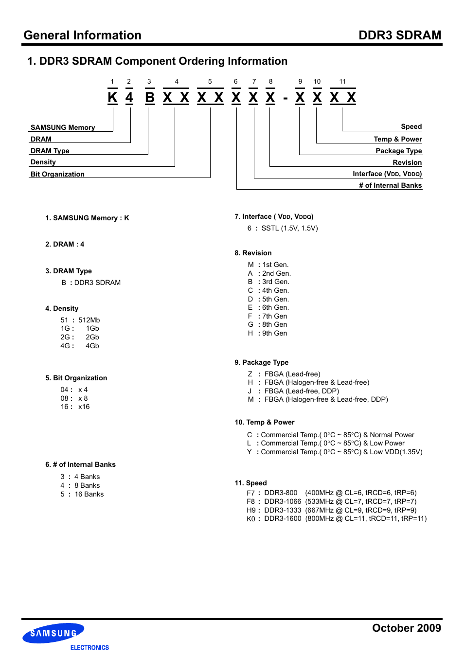 General information ddr3 sdram, October 2009, Ddr3 sdram component ordering information | Samsung DDR3 User Manual | Page 2 / 21