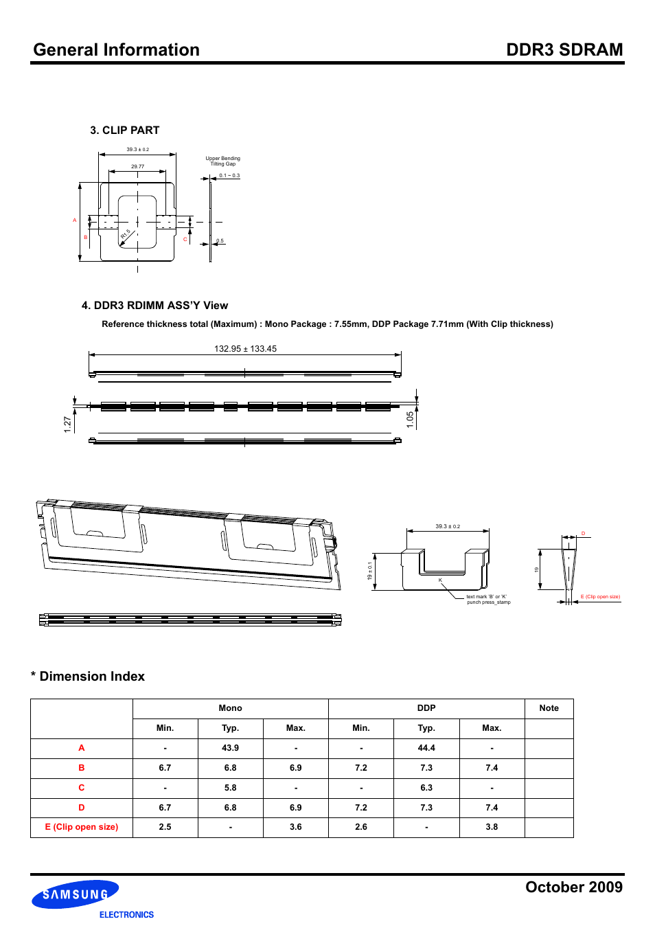 General information ddr3 sdram, October 2009, Dimension index | Clip part, Ddr3 rdimm ass’y view | Samsung DDR3 User Manual | Page 21 / 21