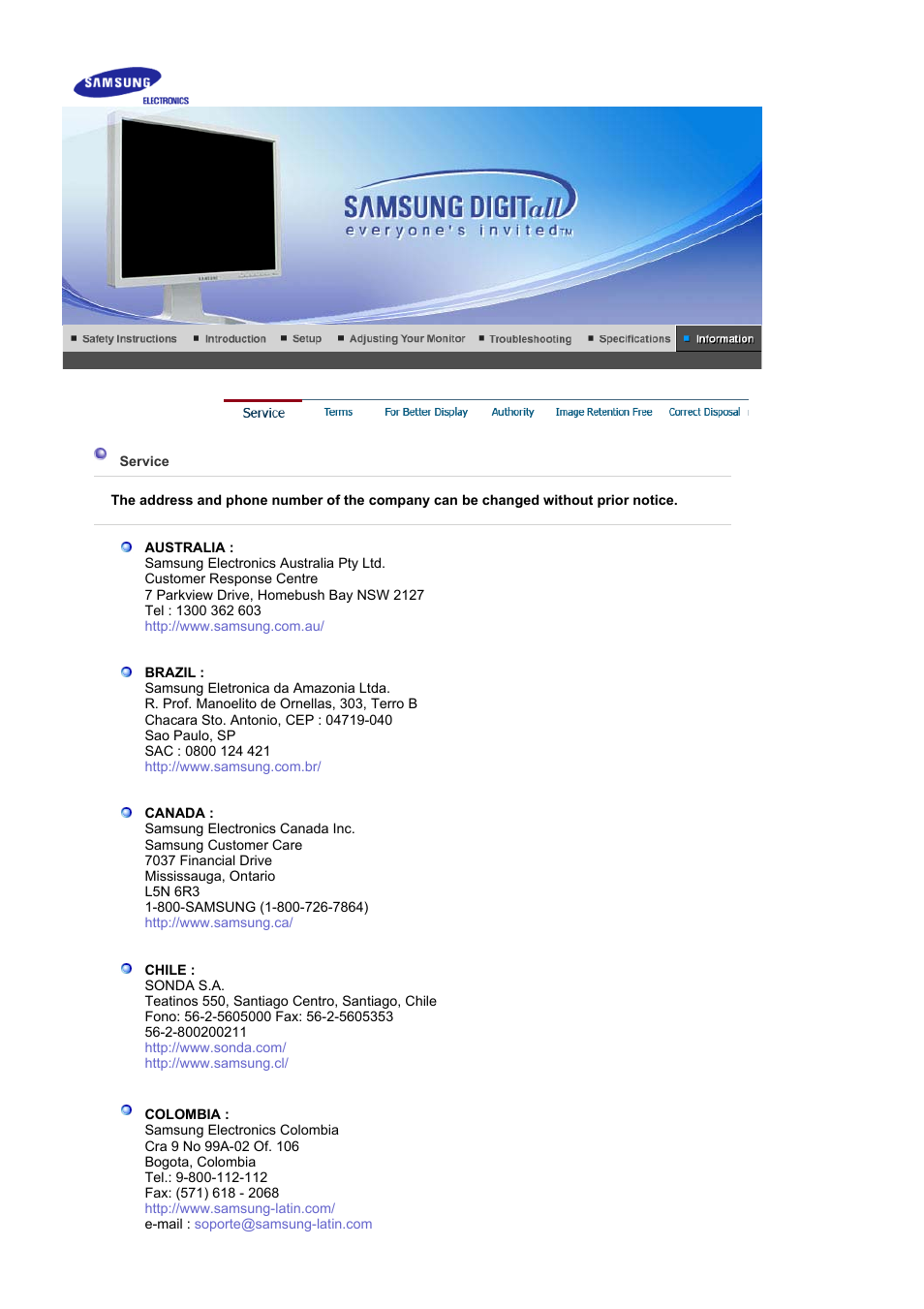 Information, Service | Samsung 204Ts User Manual | Page 69 / 76