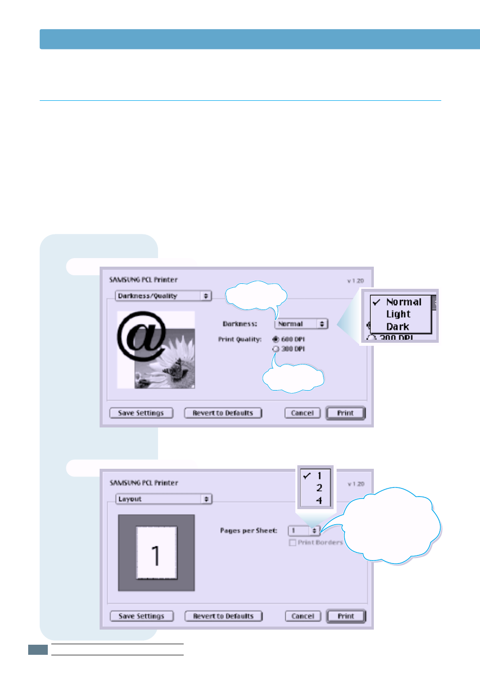Advanced printing, Darkness/quality, Layout | Using pcl driver | Samsung ML-1651N User Manual | Page 143 / 179