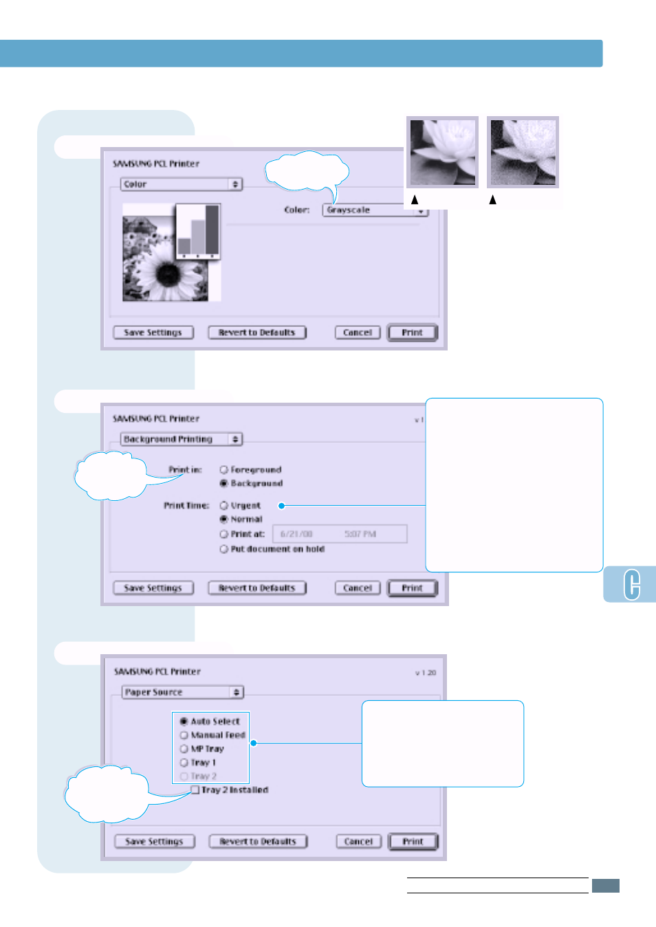 Color, Background printing, Paper source | Using pcl driver, C. 9 u | Samsung ML-1651N User Manual | Page 144 / 179