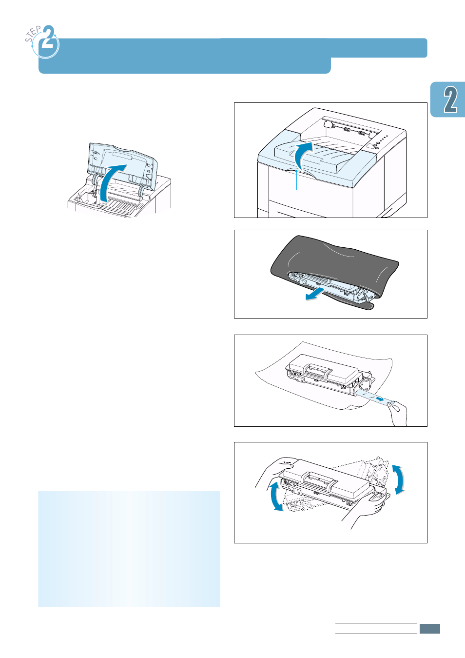 Install the toner cartridge, Step 2, Step 2 : install the toner cartridge | Samsung ML-1651N User Manual | Page 20 / 179
