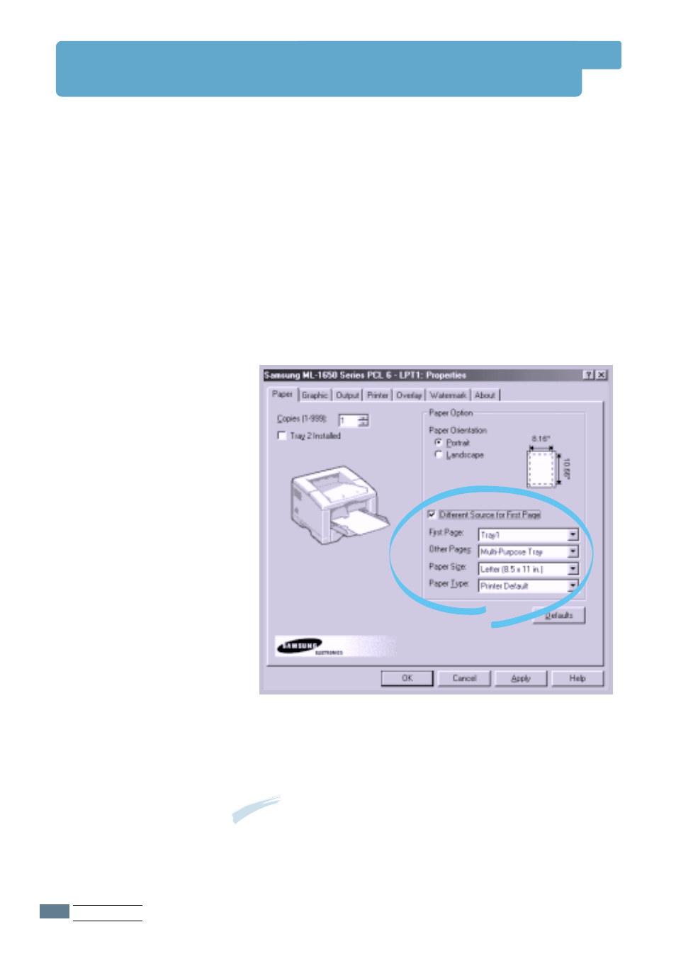 Printing on different paper for the first page | Samsung ML-1651N User Manual | Page 71 / 179