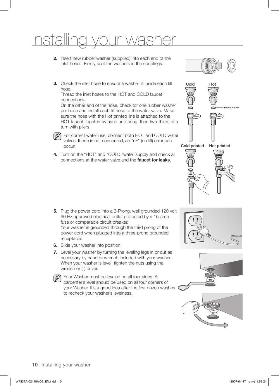 Installing your washer | Samsung SK-4A User Manual | Page 10 / 28