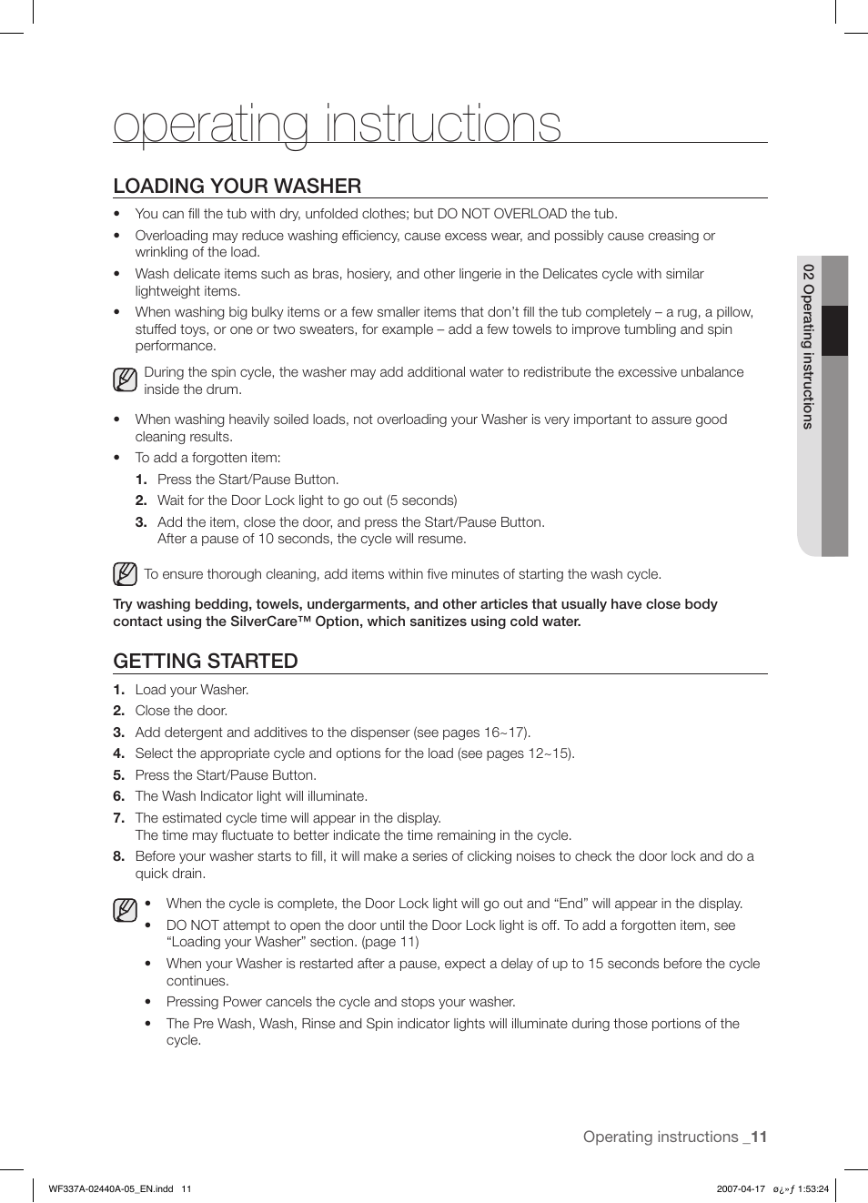 Operating instructions, Loading your washer, Getting started | Samsung SK-4A User Manual | Page 11 / 28